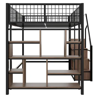 Produktbild von okwish Hochbett 140×200 mit offenem Schrank und Sicherheitsgeländer, Jugendbett mit Stauraumleiter,Metallbett in Schwarz,ohne Matratze