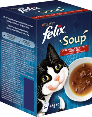 A box of Felix cat food soup with a cartoon cat illustration.