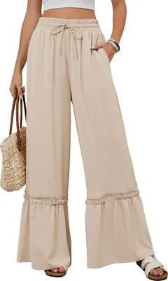 Image de ASKSA Femmes Pantalon large léger Laessig Pantalon d'été Taille haute Palazzo avec poches (Abricot,S)