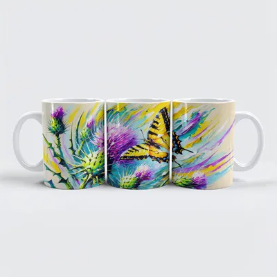 Image de Tasse Raxxa Premium « Papillon à queue d'hirondelle et chardons, peinture à l'huile »