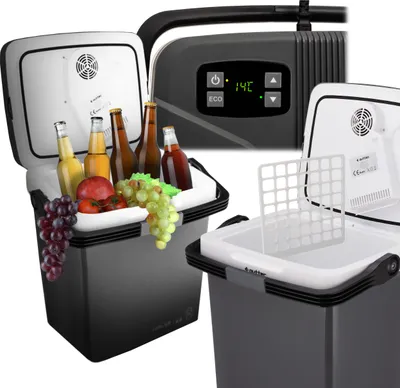 A collage of images showing a portable cooler with drinks and fruit inside, and a close-up of its control panel.