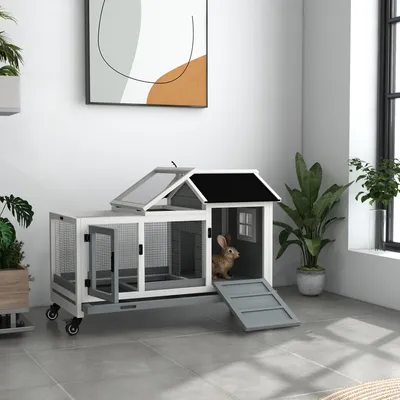 Produktbild von SUGIFT Meerschweinchen, Kleintierstall mit Rädern für Kaninchen, mobil mit Auslauf, Tannenholz, Grau | Klappbares Dach | 108 x 58 x 73,5 cm