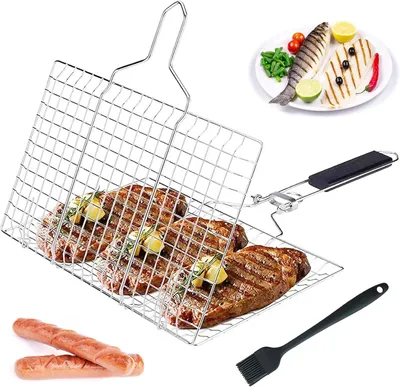 Produktbild von Grillkorb mit Silikonpinsel, faltbar, Edelstahl, für Fisch und Gemüse, Grillzubehör für Camping