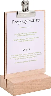 Produktbild von Zeigis® - Holz-Tischaufsteller DIN A6 Hoch mit Klammer, doppelseitig, Holzfuß