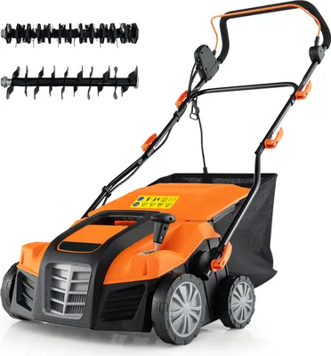 Zdjęcie produktu dla Elektryczny wertykulator i aerator do trawników COSTWAY 2 w 1, chodzący aerator do trawników ze zbiornikiem o pojemności 55 l, 3-stopniową regulacją wysokości i 5-stopniową regulacją głębokości roboczej, pomarańczowy