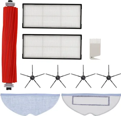 A collection of robot vacuum cleaner accessories laid out on a white background.