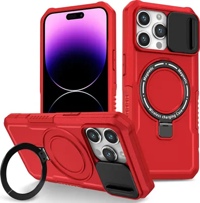 Produktbild von Handyhülle für iPhone 14 Pro Kompatibel mit MagSafe, Robuste Hülle mit Schiebe Kamera Schutz, Magnetischer Ringständer Rot