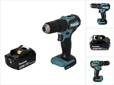 A collage of images showing a Makita cordless drill and its battery from different angles.