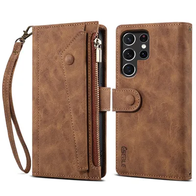 Obrázek produktu pro Ochranné pouzdro pro Samsung Galaxy S23 Ultra kožené pouzdro na zip, skládací peněženka s přihrádkou na karty, stojánek a poutko hnědé