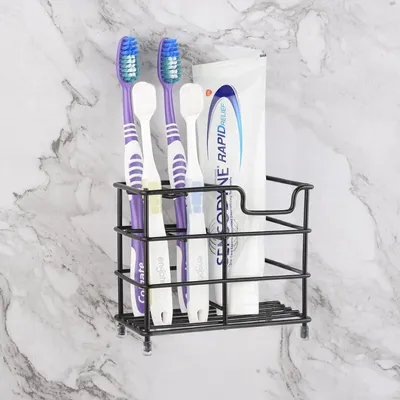 Produktbild von Schwarzer Wand-/Tischhalter aus Edelstahl mit 5 F?chern fš¹r elektrische Zahnbš¹rste, Zahnpasta und Rasierer.