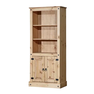 A wooden bookshelf with two doors at the bottom and two shelves above.