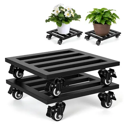 Immagine prodotto di Eikuavons, set di 4 supporti per piante in metallo, diametro 30 cm, adatti come sottovasi per vasi fino a 160 kg di portata, dotati di 4 ruote girevoli a 360° per interni ed esterni