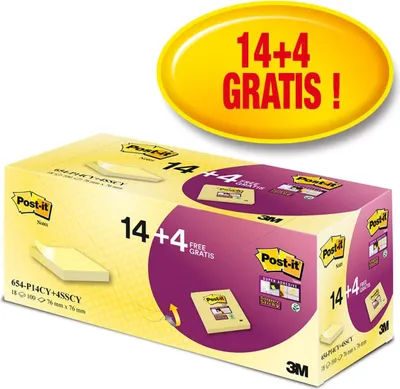 Produktbild von 3M Post-it Haftnotiz Super Sticky 654-P14CY+4SSCY gelb 18 St./Pack