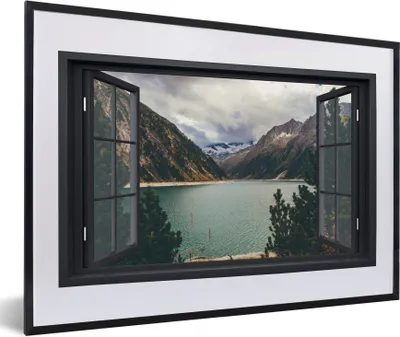 Produktbild von MuchoWow® MuchoWow® Gerahmtes Poster Aussicht - Berg - See 60x40 cm - Poster mit zchwarzem Bilderrahmen - Schlafzimmer - Plakat in Rahmen - Drucken