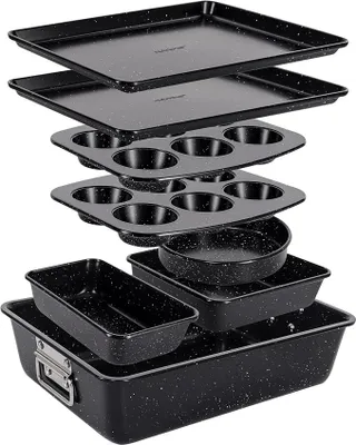 Imagen del producto de Juego de moldes para hornear Silecomplaza, fabricados en acero al carbono | Antiadherentes, libres de PFOA y PFOS | Aptos para horno hasta 232 °C | Incluye bandeja para hornear, molde para muffins, molde redondo, molde cuadrado y molde para bizcochos. | Color: mármol