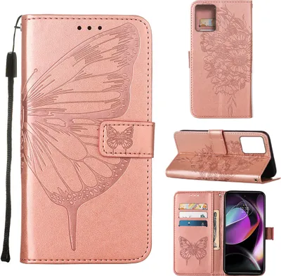Produktbild von Lederhülle für Motorola Moto G (2023) Schmetterling Prägung Flip Ledertasche Kartenfächer Handyhülle mit Ständer Pink