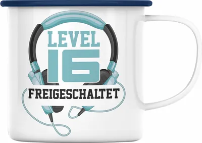 Produktbild von Trendation - 16. Geburtstag Emaille Tasse Jungen Jungs Geschenk 16er Geschenkidee 16 Sohn Gamer Zocker Sprüche Lustig (Blau)