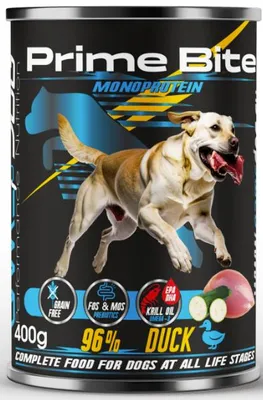 Imagen del producto de PRIME BITE. Alimento monoproteico para perros con pato y calabacín. Comida húmeda. 400g