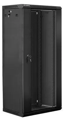 A black server rack cabinet with its doors open, showing the internal mounting rails.