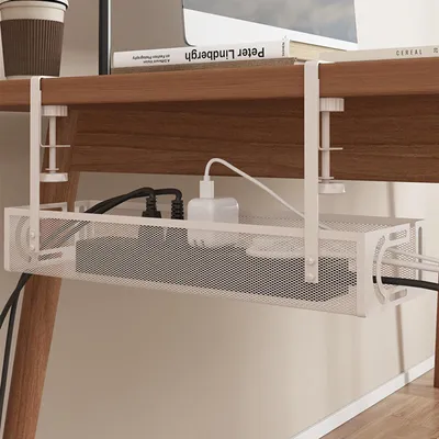 Obrázek produktu pro Omgoods – Systém kabelového vedení pod stůl s kabelovou zásuvkou – Organizér kabelů pro domácnost a kancelář (bílý)