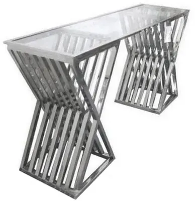 Produktbild von Casa Padrino Luxus Designer Konsole Silber 150 x 42 x H. 75 cm - Metall Konsolentisch mit Glasplatte - Luxus Designer Wohnzimmer Möbel