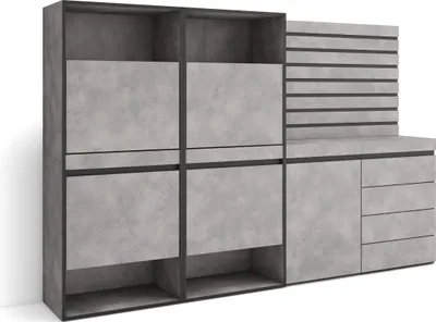 Produktbild von Schuhregal, Schuhschrank, 227x35x145 cm, Für Schlafzimmer, Zimmer, Kommode mit Schubladen, Lamellenwand Holz, Zementgrau