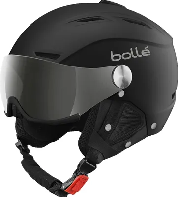 A black ski helmet with a silver visor.