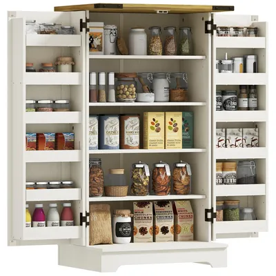 Image de Armoire de cuisine, meuble de rangement - Armoire haute avec 2 portes - 16 compartiments - Étagère réglable - 60x40x104 cm - Blanc