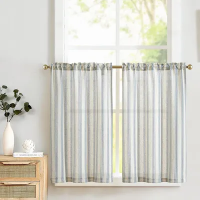Image de Rideau en lin - Rayé - Semi-transparent - Rideau de style bistrot - Vitrage - Intimité - Rideau de fenêtre - Rideau pour petites fenêtres - Cuisine - Salle de bain