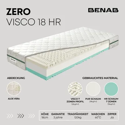 Produktbild von Visco-Matratze Benab Zero Visco 18 HR Matratze 85 x 195 cm H3 / H4 hart 18 cm hohe Visco-Matratzen, Aloe Vera, Visco, PUR, HR, 7 Zonen, Knoben