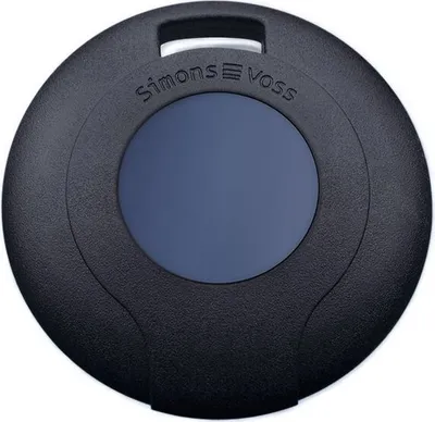 A black round electronic device with a blue circular inset and the brand name "SimonsVoss" printed on it.