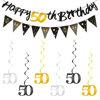 Geburtstagsdeko-Set 50. Geburtstag, Banner, Wimpelkette, Spiralen, Schwarz-Gold