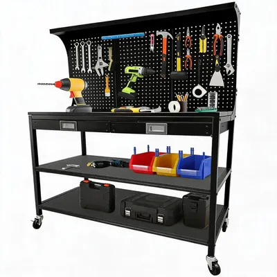Obrázok produktu pre Robustná oceľová pracovná doska – pracovný stôl – 122 x 56 cm – 2 zásuvky – perforovaná doska s háčikmi – 3 odkladacie plochy – kolieska – strieborná farba