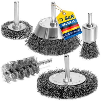 Produktbild von S&R Drahtbürste Set 5-teilig für Bohrmaschine, gewellter Stahldraht