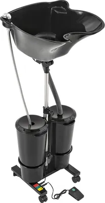 A portable shampoo basin with two buckets on a wheeled base, shown against a white background.