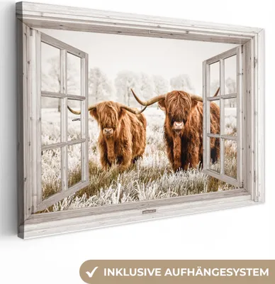 Produktbild von MuchoWow® - Leinwandbilder - Durchblick - Schottische Highlander - Tiere, Wandbild, Wanddeko Bilder Wohnzimmer, 90x60 cm