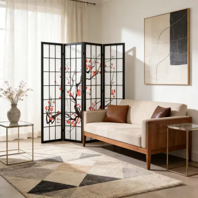 Produktbild von Happy Home Raumteiler Paravent 4 tlg Kirschblütenmuster dekorative Trennwand Sichtschutz aus Massivholz für Wohnzimmer Schlafzimmer Büro