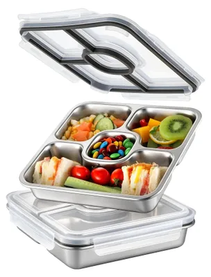 Zdjęcie produktu dla Omgoods - Lunchbox ze stali nierdzewnej z 4 przegródkami, pojemność 800 ml, idealna do przygotowywania posiłków