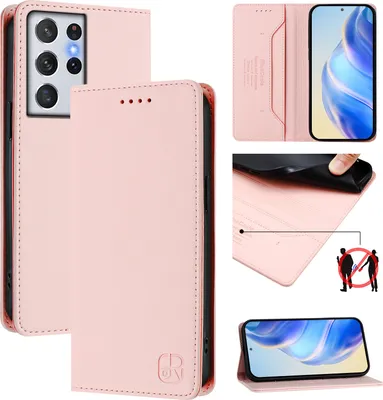 Image de Etui en cuir pour Samsung Galaxy S21 Ultra 5G, étui à rabat avec fentes pour cartes, portefeuille et support Rose