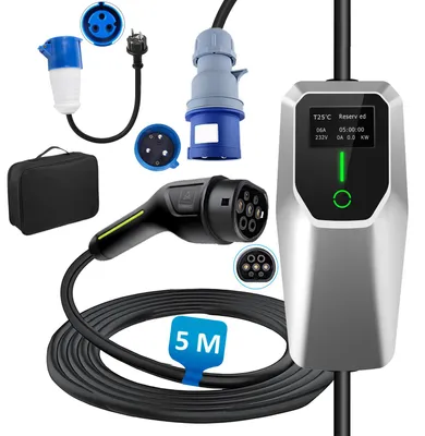 Immagine prodotto di Caricatore EV, modalità 2, tipo 2, 32A, 7kW, 5m, cavo di ricarica per auto elettriche portatile, con spina CEE, regolabile da 6 a 32A, incluso cavo adattatore per presa domestica