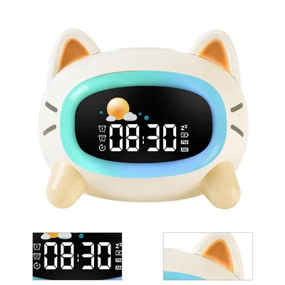 A digital alarm clock shaped like a cat with a digital display showing the time and weather icons.