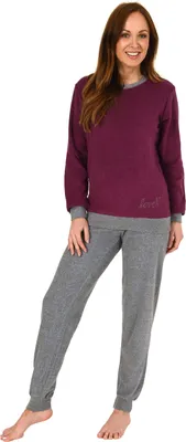 Produktbild von Damen langarm Frottee Pyjama Schlafanzug mit Bündchen und Zierspruch und Herzmotiv ; beere , 40/42