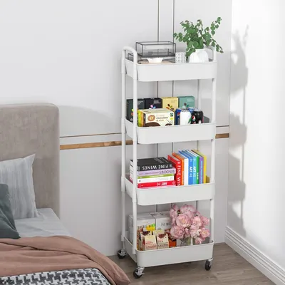 Productafbeelding van Famanu opbergwagen met wielen - Mobiele ladecontainer - Vier niveaus - 29x39x104 cm - Wit