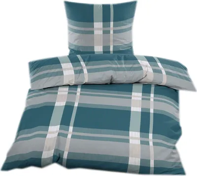 A duvet cover and pillowcase set with a plaid pattern.