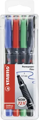Obrázek produktu pro Foliové pero - STABILO OHPen univerzální - permanentní jemné - balení 4 ks - zelené, červené, modré, černé