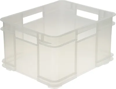 A clear, studio shot of a translucent plastic storage box.
