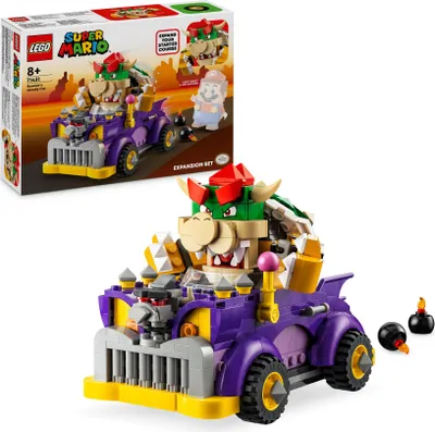 A LEGO Super Mario Bowser's Monster Truck expansion set is displayed next to its packaging.