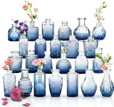 Image de TRMLBE Petits vases pour décoration de table Lot de 24 vases en verre avec mini-vases à fleurs vintage sculptés Vases en verre Plusieurs tailles pour les mariages, la maison et la décoration intérieure, bleu