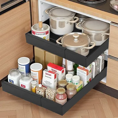 Produktbild von 2 x Schwarz Teleskopschublade Küchenschrank Ausziehbare Schublade Organizer ohne Bohren 32-52cm Breite x 53 cm Tiefe