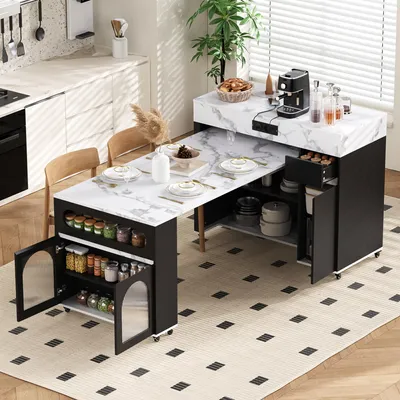 Produktbild von MODFU Multifunktionale Kücheninsel mit ausziehbarem Tisch – Klappbares Sideboard auf Rollen,Esstisch mit integrierter Steckdosenleiste – Schwarz – 50,5–187,5 × 110,5 × 95,5 cm